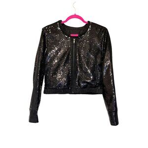 Kiind Of Black Sequin Bomber Jacket Size L With Front Zip Closure & Pockets